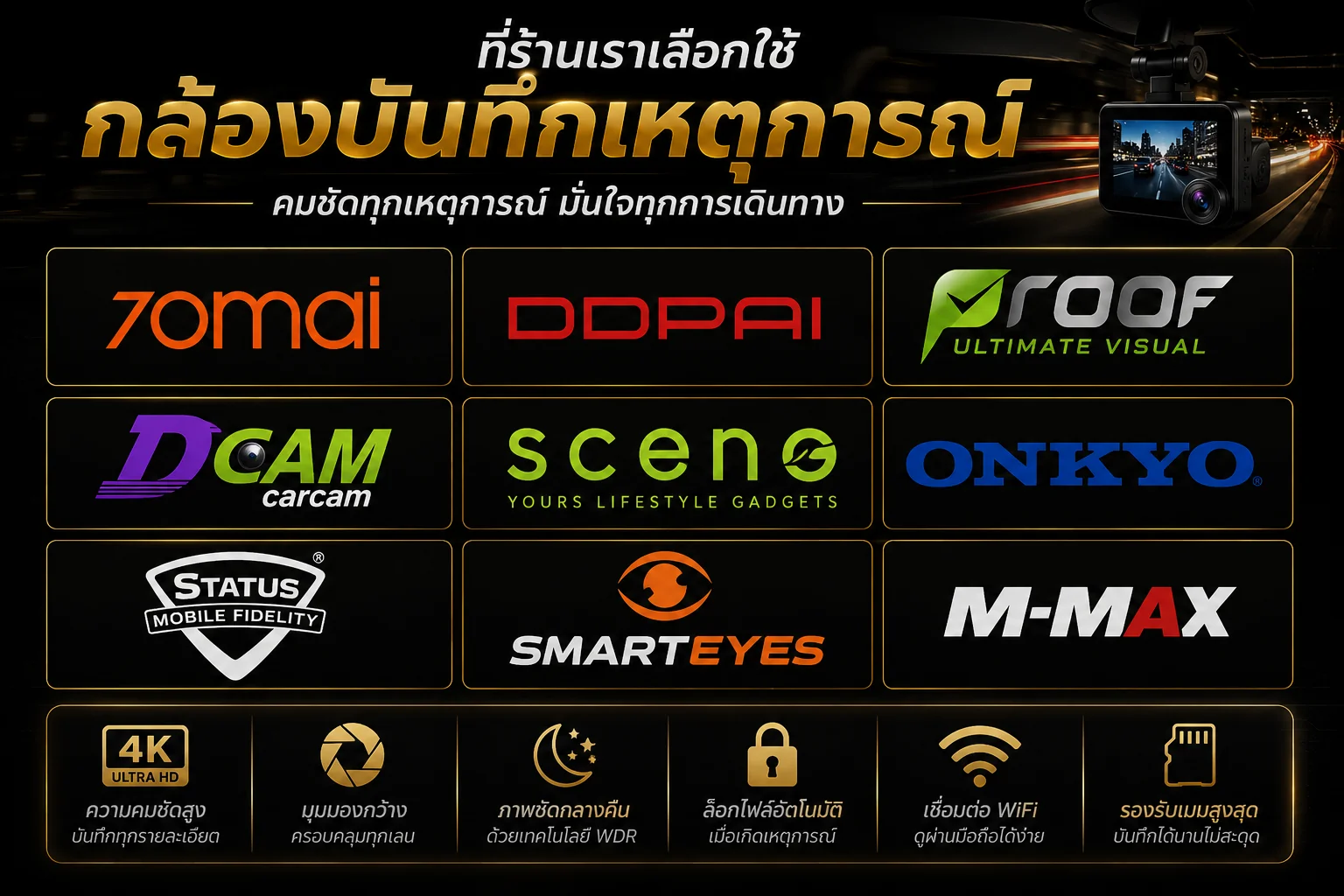 ที่ร้านเราเลือกใช้กล้องบันทึกเหตุการณ์ 70mai DDPAI Proof Dcam Scene Onkyo Status Smarteyes M-Max