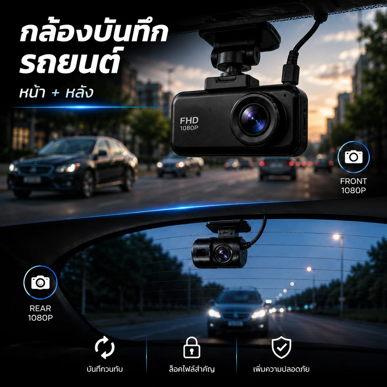 กล้องบันทึกเหตุการณ์ติดรถยนต์ หน้า + หลัง