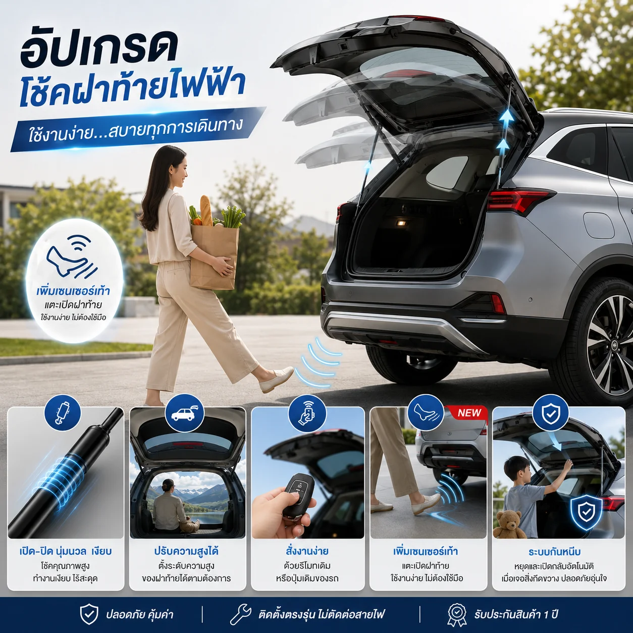 อัปเกรดโช๊คฝาท้ายไฟฟ้า เปิด-ปิดนุ่มนวล ปรับความสูงได้ สั่งงานง่าย เซนเซอร์เท้า ระบบกันหนีบ